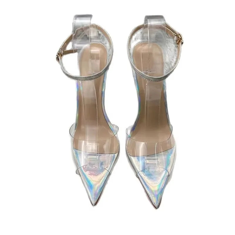 Clear PVC Patchwork Sandals Newest Transparent Straps Stiletto Heel Sandals Sexy Laser silver High Heels Wedding Shoes12cm