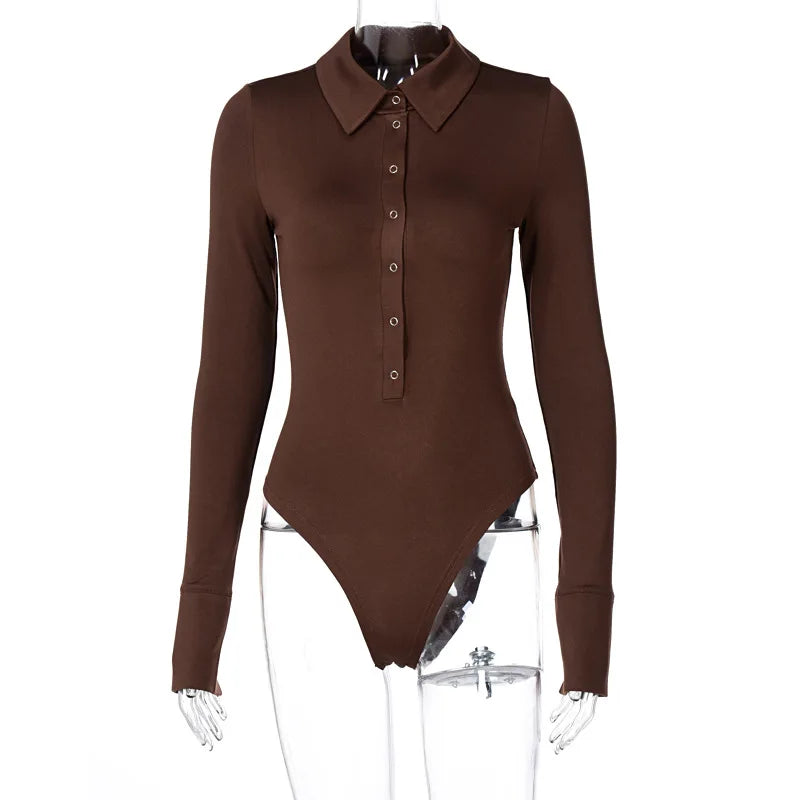 2024 Autumn Winter Long Sleeve Bodysuit for Women Skinny Button Turn-down Collar Body Black White Brown Jumpsuit Elegant Fashion