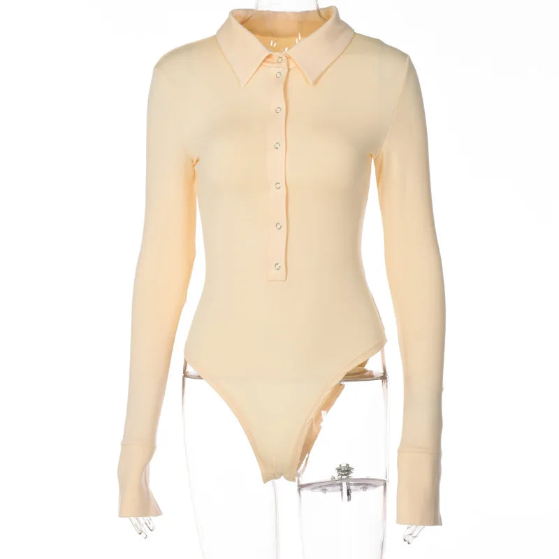 2024 Autumn Winter Long Sleeve Bodysuit for Women Skinny Button Turn-down Collar Body Black White Brown Jumpsuit Elegant Fashion