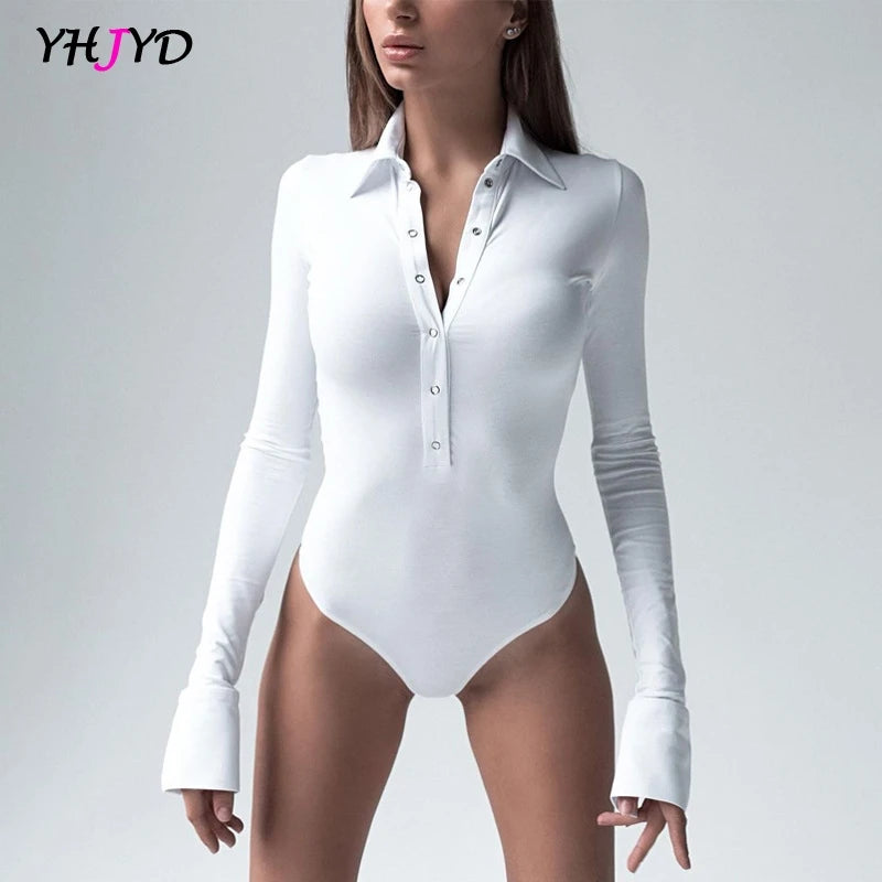 2024 Autumn Winter Long Sleeve Bodysuit for Women Skinny Button Turn-down Collar Body Black White Brown Jumpsuit Elegant Fashion