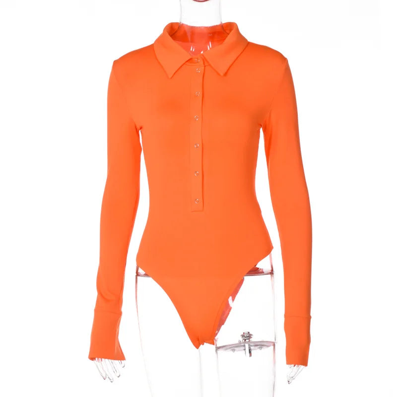 2024 Autumn Winter Long Sleeve Bodysuit for Women Skinny Button Turn-down Collar Body Black White Brown Jumpsuit Elegant Fashion
