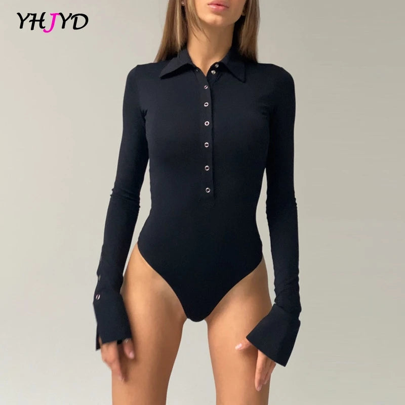 2024 Autumn Winter Long Sleeve Bodysuit for Women Skinny Button Turn-down Collar Body Black White Brown Jumpsuit Elegant Fashion