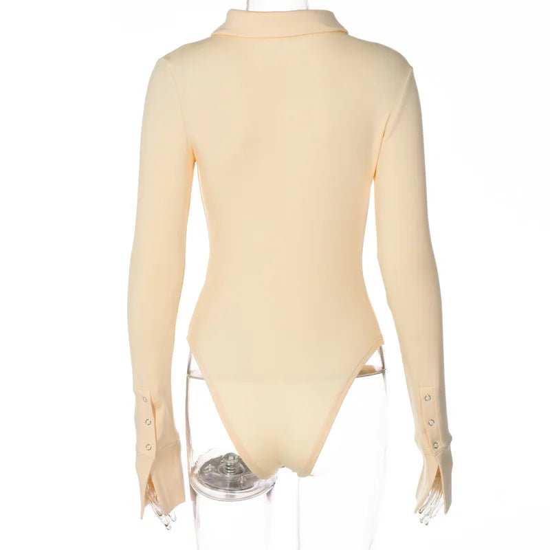 2024 Autumn Winter Long Sleeve Bodysuit for Women Skinny Button Turn-down Collar Body Black White Brown Jumpsuit Elegant Fashion