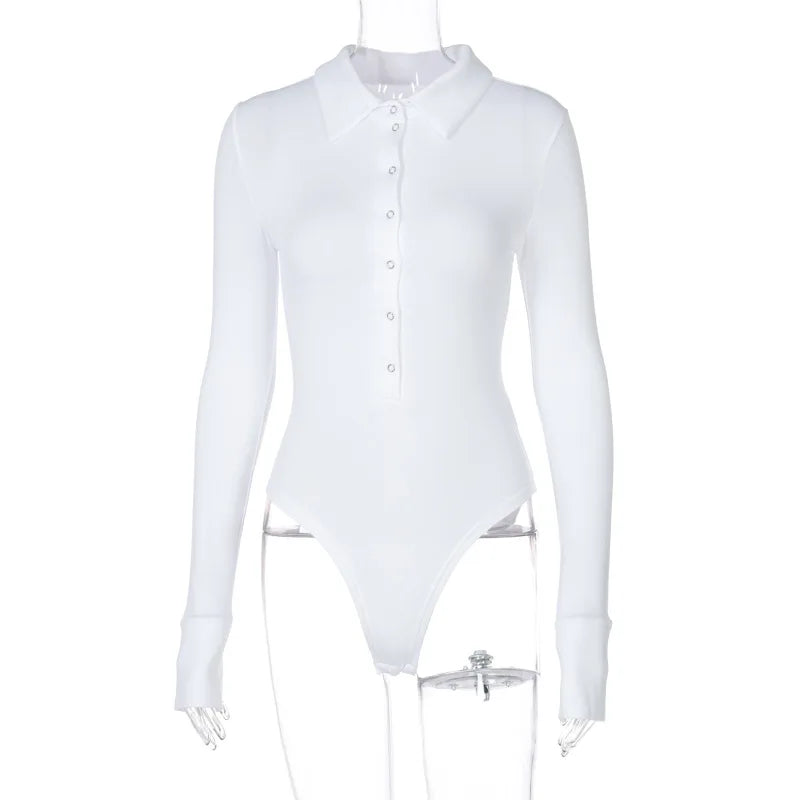 2024 Autumn Winter Long Sleeve Bodysuit for Women Skinny Button Turn-down Collar Body Black White Brown Jumpsuit Elegant Fashion