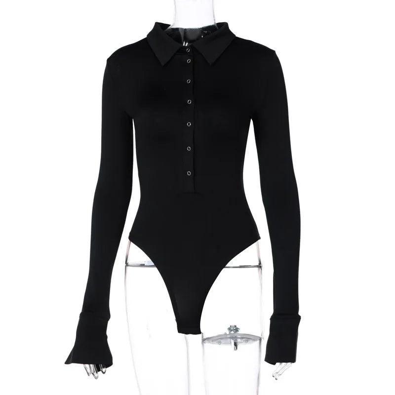 2024 Autumn Winter Long Sleeve Bodysuit for Women Skinny Button Turn-down Collar Body Black White Brown Jumpsuit Elegant Fashion