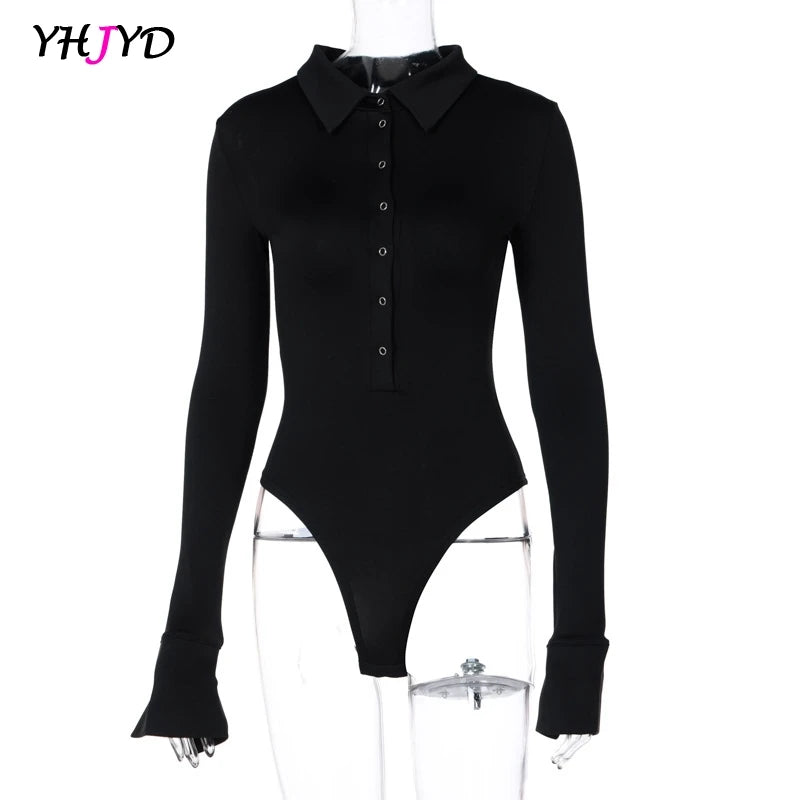 2024 Autumn Winter Long Sleeve Bodysuit for Women Skinny Button Turn-down Collar Body Black White Brown Jumpsuit Elegant Fashion