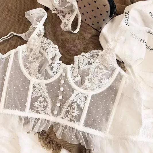 Fashion Comfortable Lace Lingerie with Steel Ring Wrapped Chest Top Bra and Panty Set Sexy Intimates Supply Underwire Female