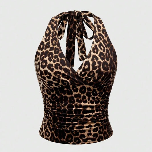 Retro Leopard Print Backless Fashion Sleeveless Summer Women's Casual Halterneck Vest Sexy Backless Lace-up Top Ropa Para Mujer