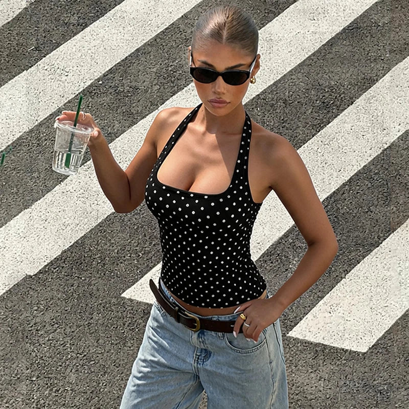 Hugcitar Polka Dot Print Halter Square Collar Backless Sexy Crop Tank Top Summer Women Fashion Outfit Birthday Party Holiday
