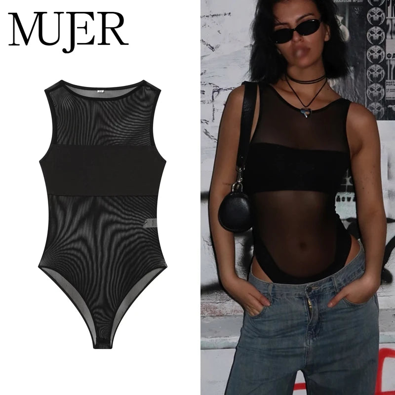 MUJER Sexy Tulle Body Suits Women Sleeveless Tops Mesh Bodysuit Women Summer Jumpsuits for Women Transparent Lingerie Bodysuits