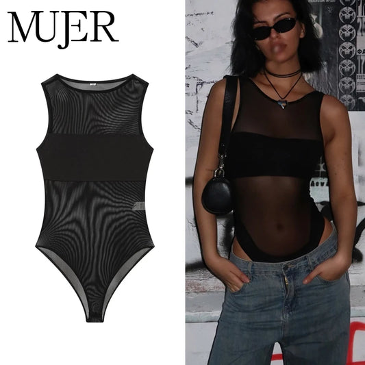 MUJER Sexy Tulle Body Suits Women Sleeveless Tops Mesh Bodysuit Women Summer Jumpsuits for Women Transparent Lingerie Bodysuits