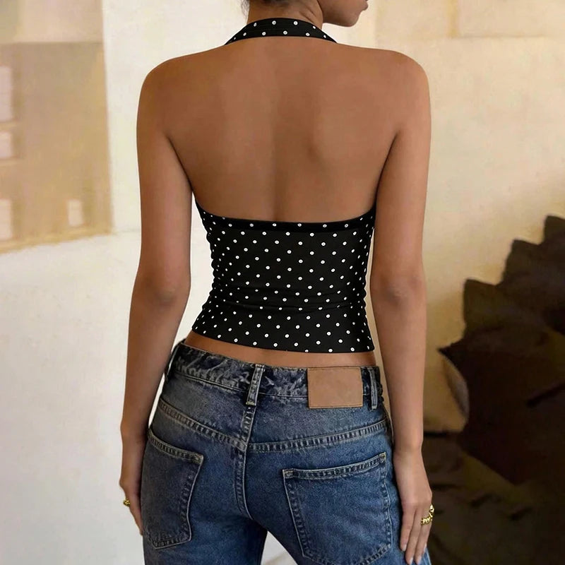 Hugcitar Polka Dot Print Halter Square Collar Backless Sexy Crop Tank Top Summer Women Fashion Outfit Birthday Party Holiday
