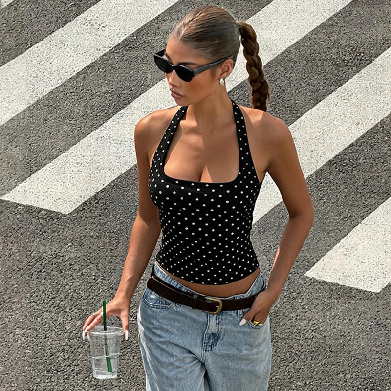 Hugcitar Polka Dot Print Halter Square Collar Backless Sexy Crop Tank Top Summer Women Fashion Outfit Birthday Party Holiday