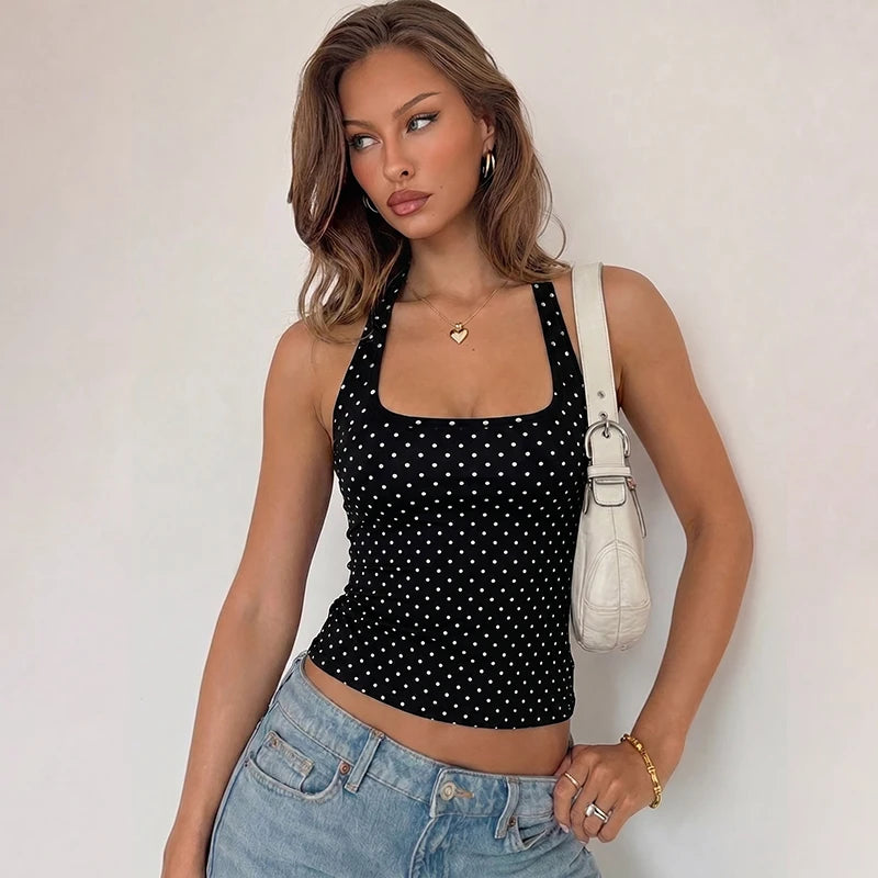 Hugcitar Polka Dot Print Halter Square Collar Backless Sexy Crop Tank Top Summer Women Fashion Outfit Birthday Party Holiday