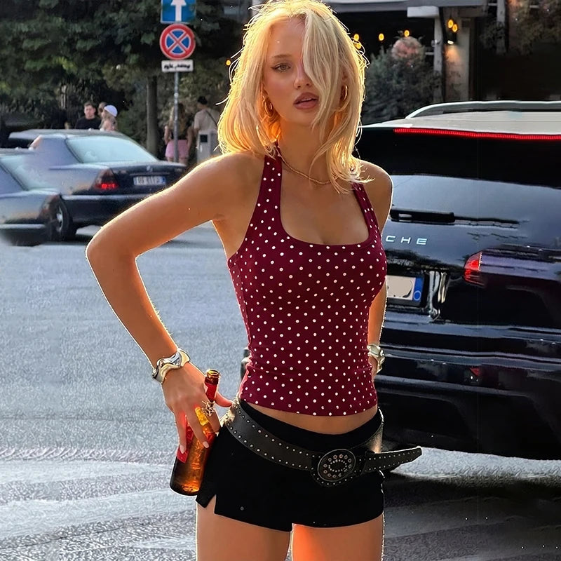 Hugcitar Polka Dot Print Halter Square Collar Backless Sexy Crop Tank Top Summer Women Fashion Outfit Birthday Party Holiday