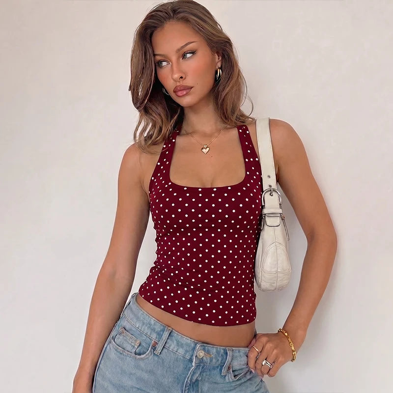 Hugcitar Polka Dot Print Halter Square Collar Backless Sexy Crop Tank Top Summer Women Fashion Outfit Birthday Party Holiday