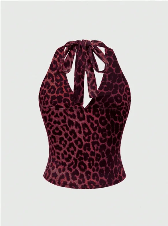 Retro Leopard Print Backless Fashion Sleeveless Summer Women's Casual Halterneck Vest Sexy Backless Lace-up Top Ropa Para Mujer