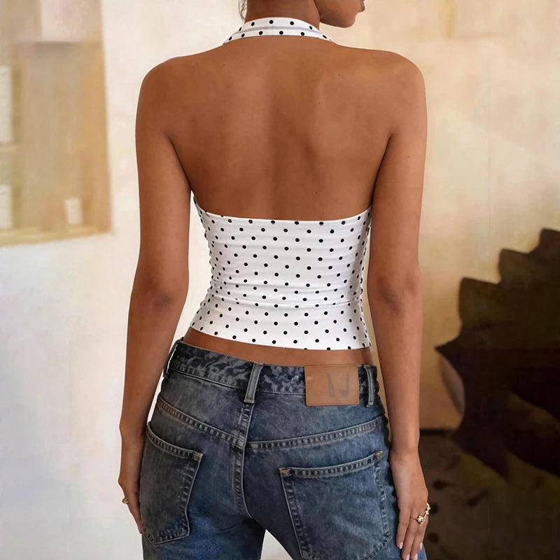 Hugcitar Polka Dot Print Halter Square Collar Backless Sexy Crop Tank Top Summer Women Fashion Outfit Birthday Party Holiday