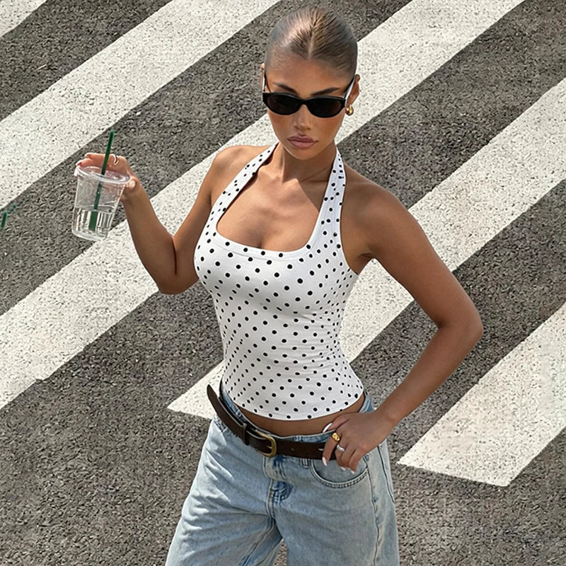 Hugcitar Polka Dot Print Halter Square Collar Backless Sexy Crop Tank Top Summer Women Fashion Outfit Birthday Party Holiday