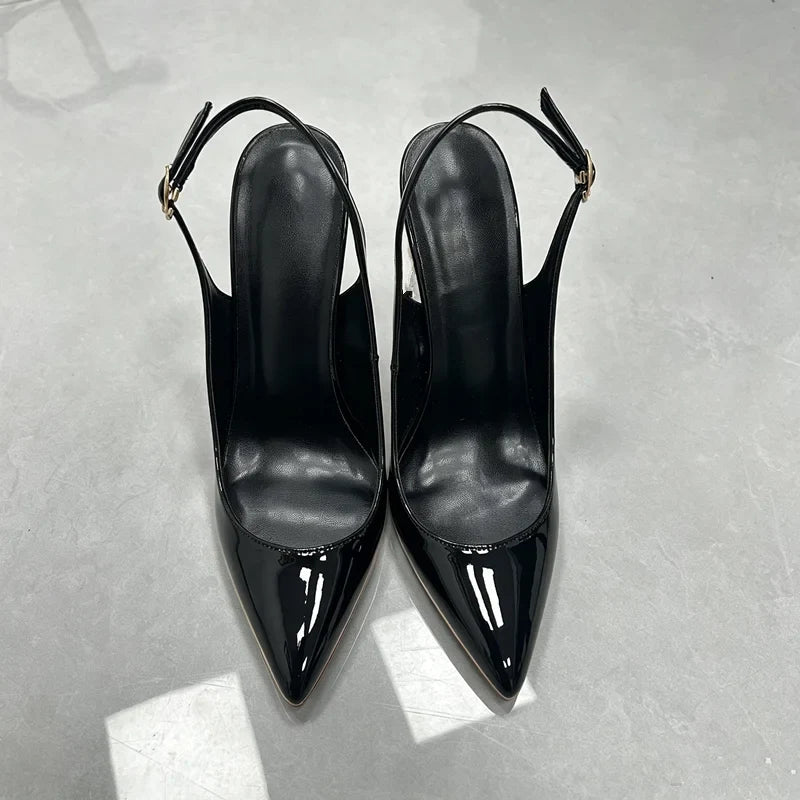 Women White Patent Leather Slingback Pumps Pointed Toe Thin Stiletto High Heels Buckle Strap Dress Shoes for Wedding Party Offic