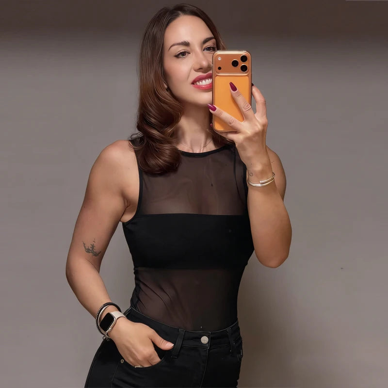 MUJER Sexy Tulle Body Suits Women Sleeveless Tops Mesh Bodysuit Women Summer Jumpsuits for Women Transparent Lingerie Bodysuits