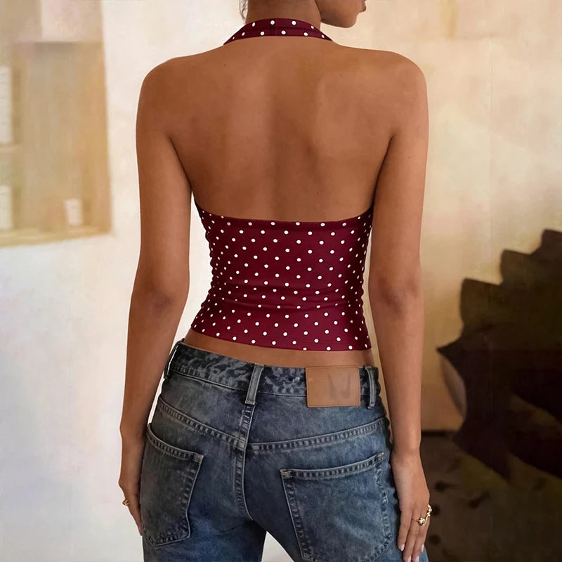 Hugcitar Polka Dot Print Halter Square Collar Backless Sexy Crop Tank Top Summer Women Fashion Outfit Birthday Party Holiday