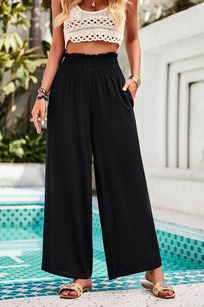 Devine Smocked Wide Leg Pants with Pockets for Women