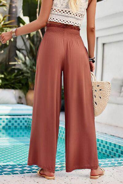 Devine Smocked Wide Leg Pants with Pockets for Women