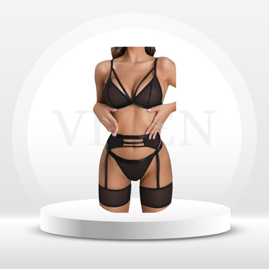 MidnightMuse 4-Piece Mesh Lingerie Set